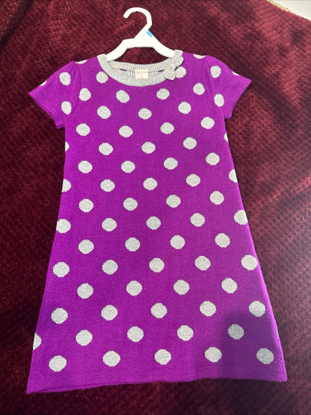 Okie Dokie Girls Purple Polka Dot Knit Dress Size 5 Bow Neck Short Sleeve
